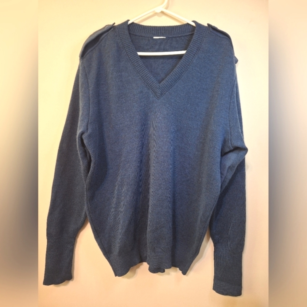 Vintage 90s Air Force Blue Wool Heavy Knit Sweater XL Elbow Patch